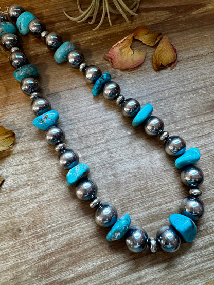 Turquoise Nugget & Sterling Silver Pearl Necklace – 21"