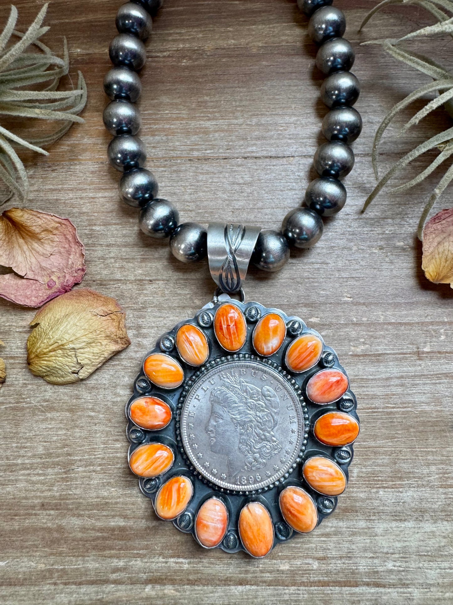 Orange Spiny Oyster & Silver Coin Pendant – Signed by Gabby