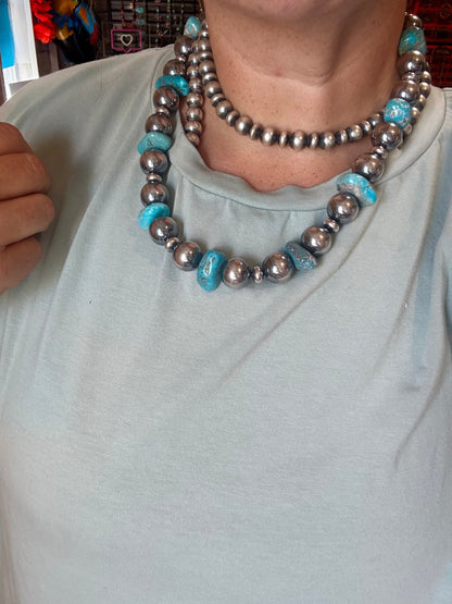 Turquoise Nugget & Sterling Silver Pearl Necklace – 21"