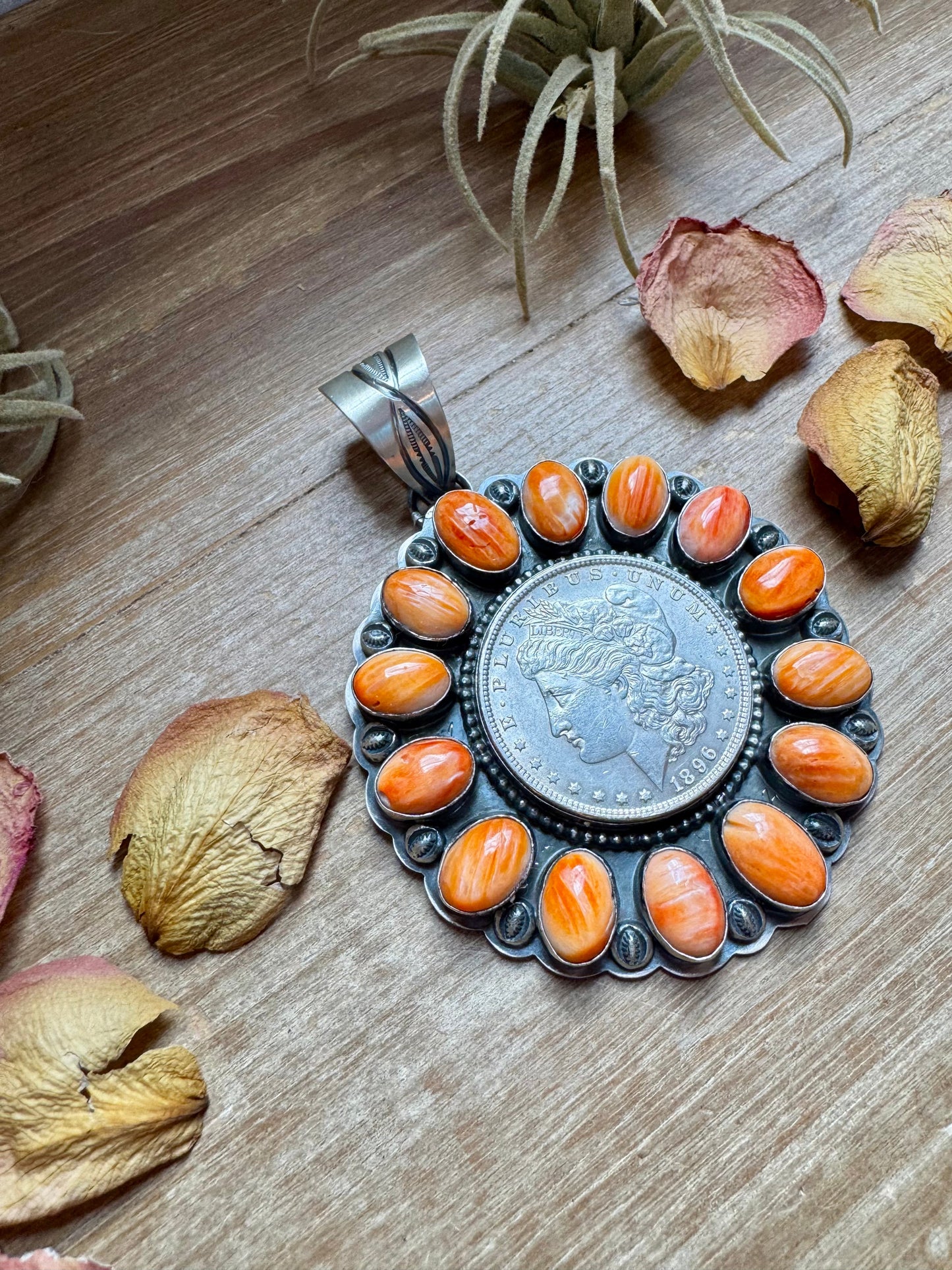 Orange Spiny Oyster & Silver Coin Pendant – Signed by Gabby