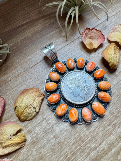 Orange Spiny Oyster & Silver Coin Pendant – Signed by Gabby