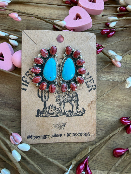 Red Spiny Oyster & Turquoise Half Clusters #183