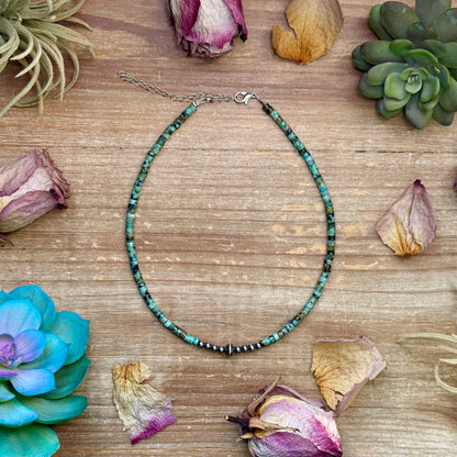 African Turquoise Heishi & Sterling Silver Pearl Necklace