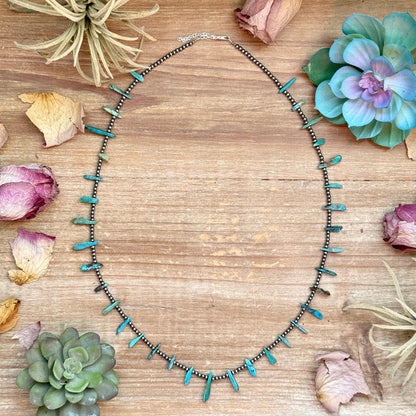 Sterling Silver Pearl & Long Blue Turquoise Necklace – 25”