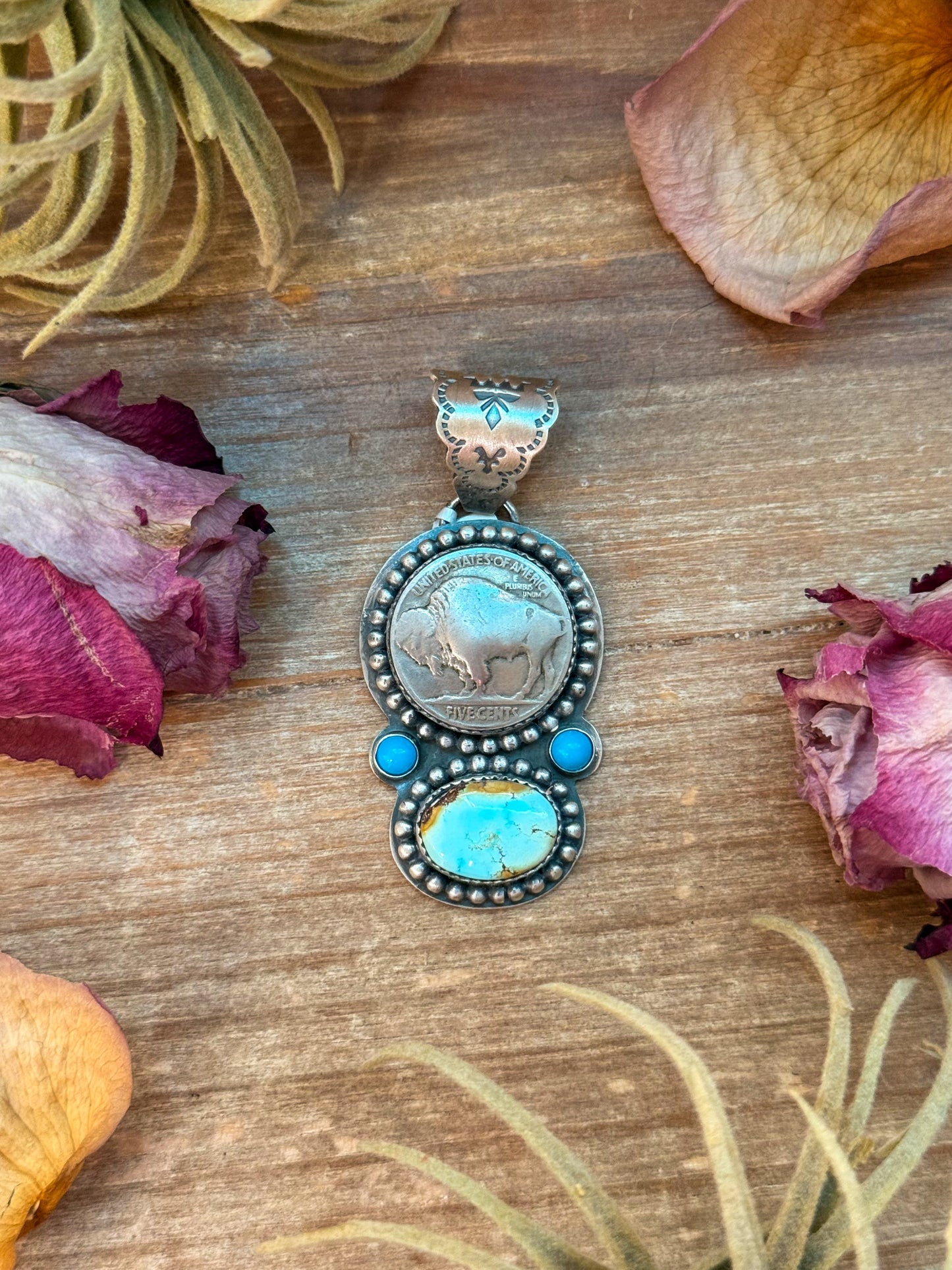 Golden Hills & Kingman Turquoise Pendant with Buffalo Coin