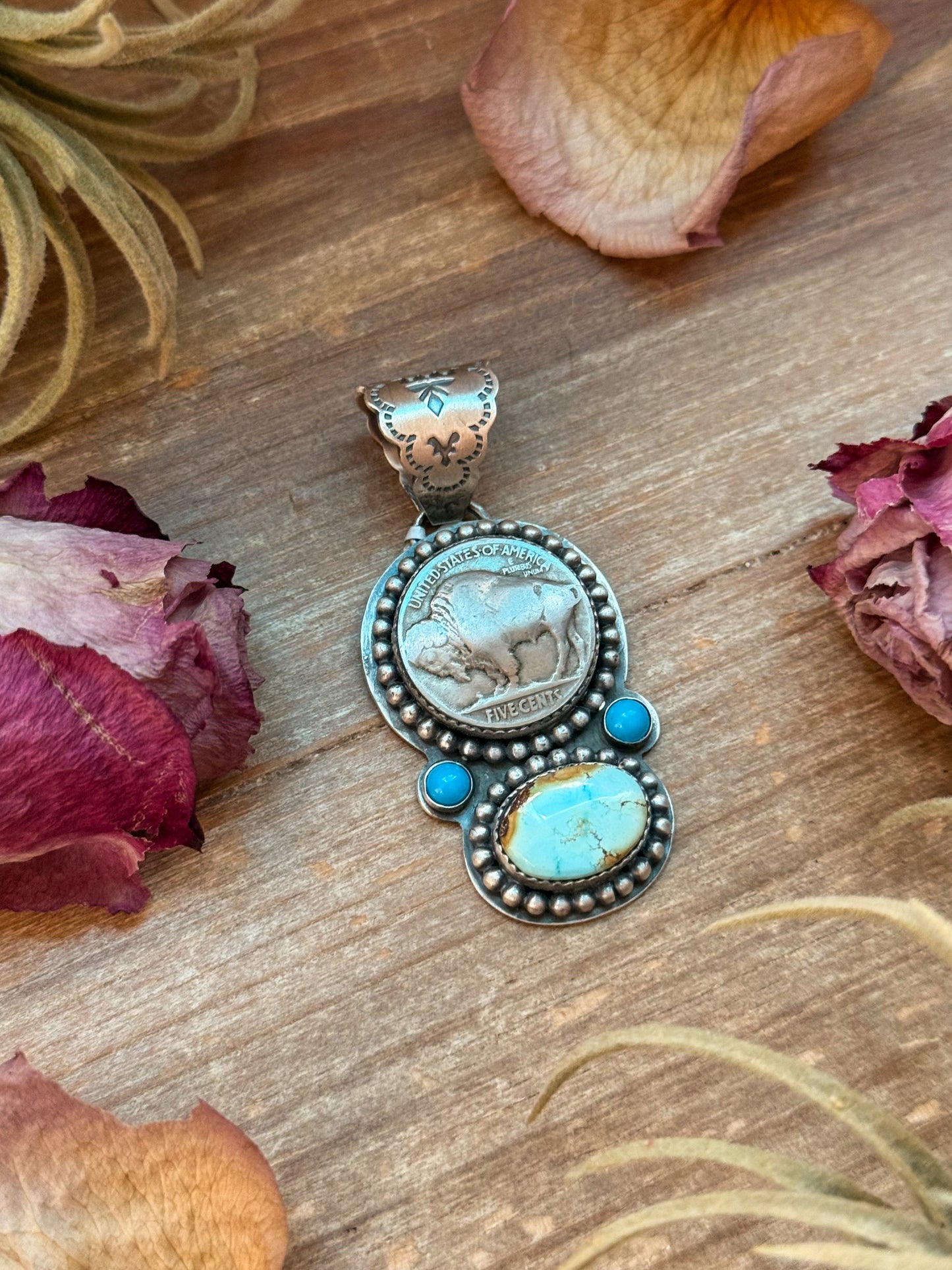 Golden Hills & Kingman Turquoise Pendant with Buffalo Coin