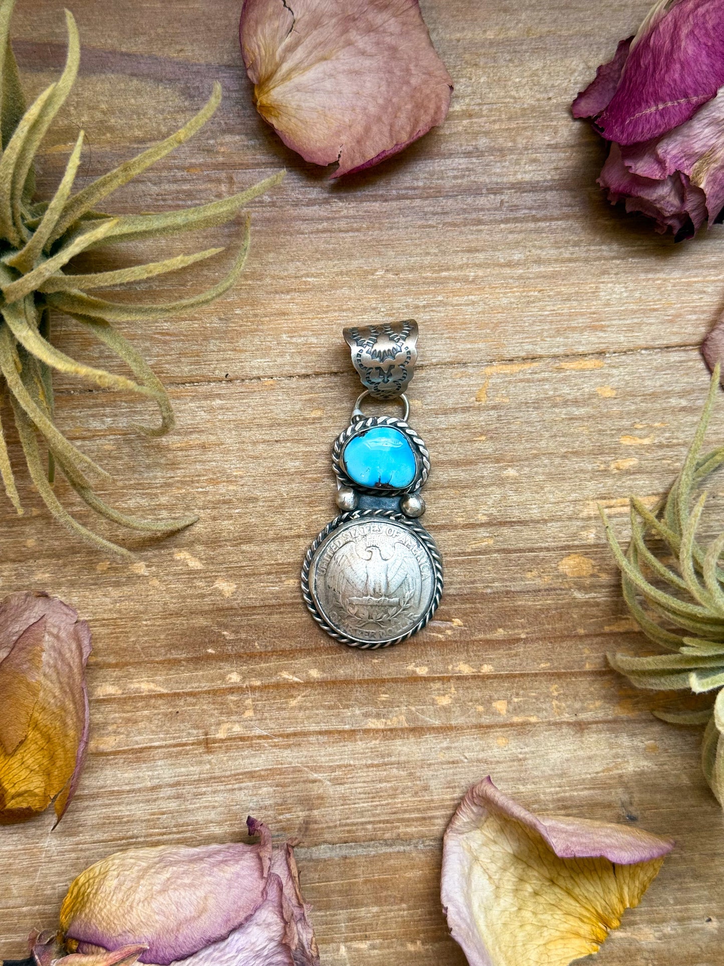 Sterling Silver Coin & Golden Hill Turquoise Pendant – Artist Gilbert Nez