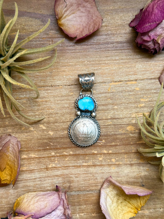Sterling Silver Coin & Golden Hill Turquoise Pendant – Artist Gilbert Nez